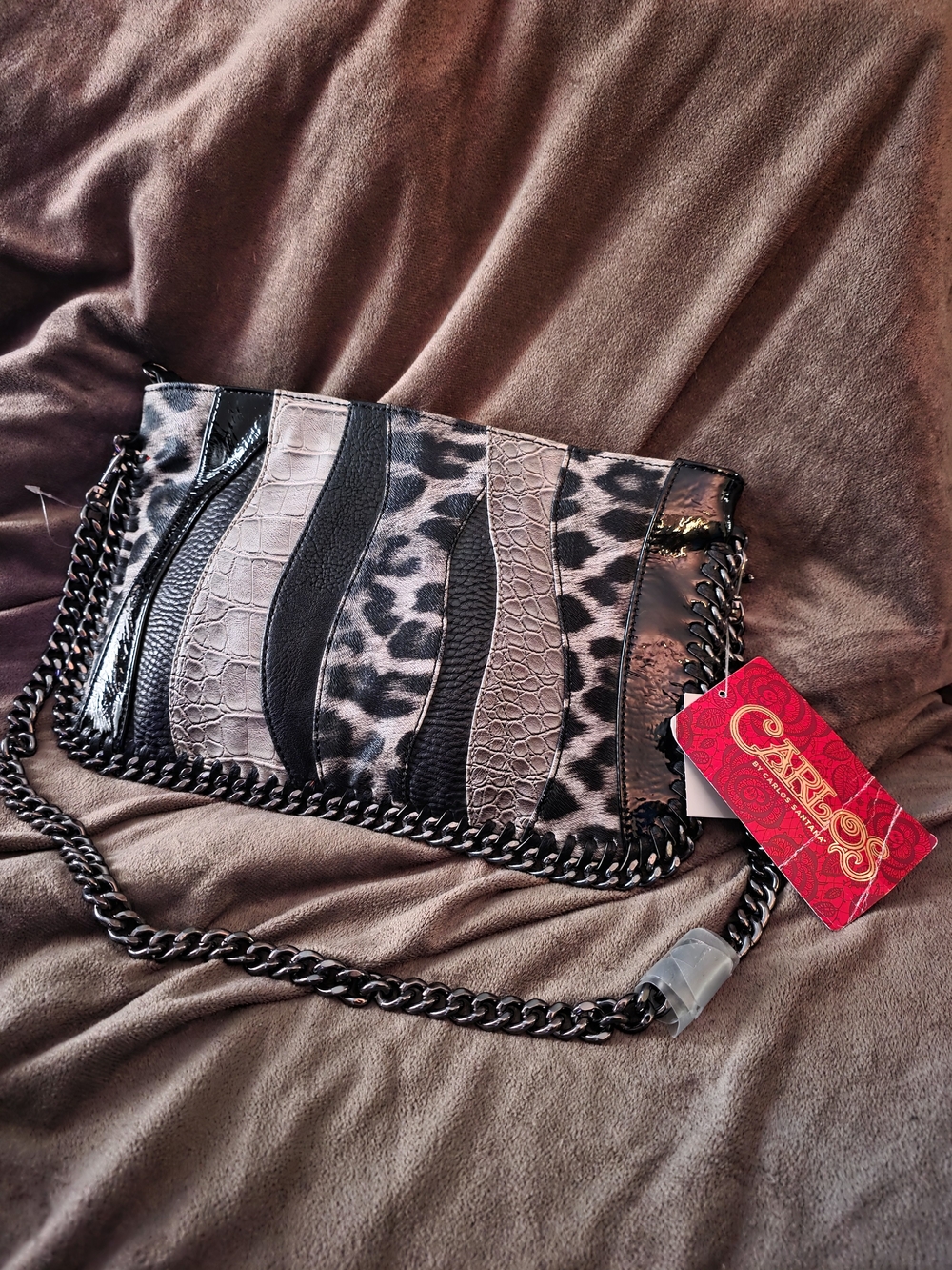 CARLOS by Carlos Santana Leopard Patchwork Crossbody Clutch - Black & Taupe